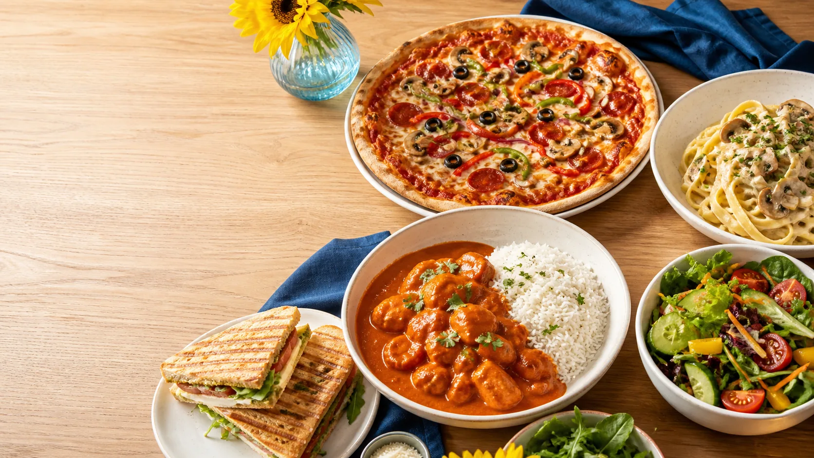 Auswahl aus Pizza, Pasta und internationalen Gerichten